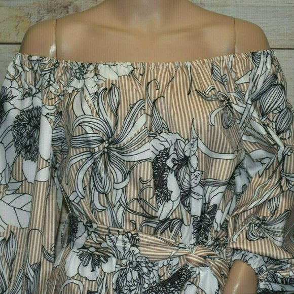 NWT CHRISTY & CO M BEIGE TAN WHITE BLACK FLORAL STRIPE OFF SHOULDER MIDI DRESS - Picture 1 of 5